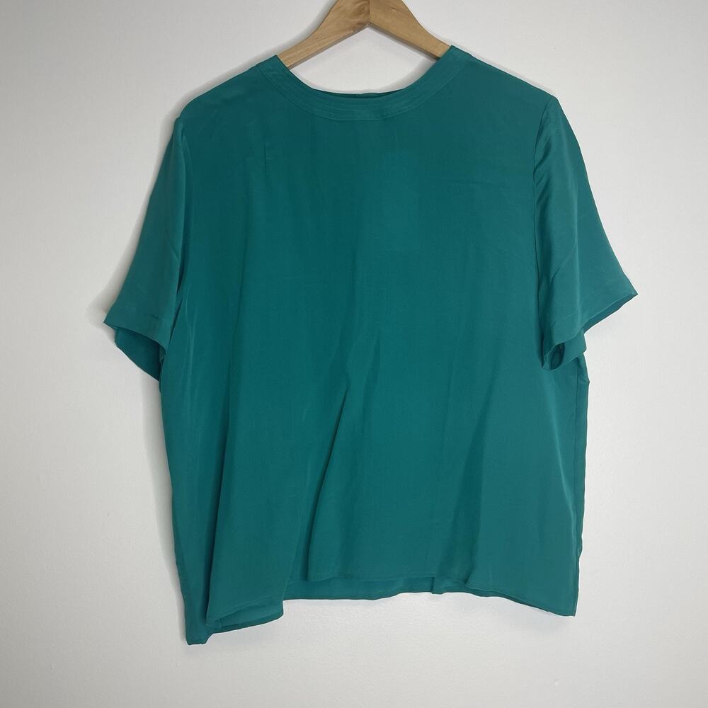 Stephanie Andrews Ladies Size XL Metallic Green Silk Blouse Short Sleeve Vtg